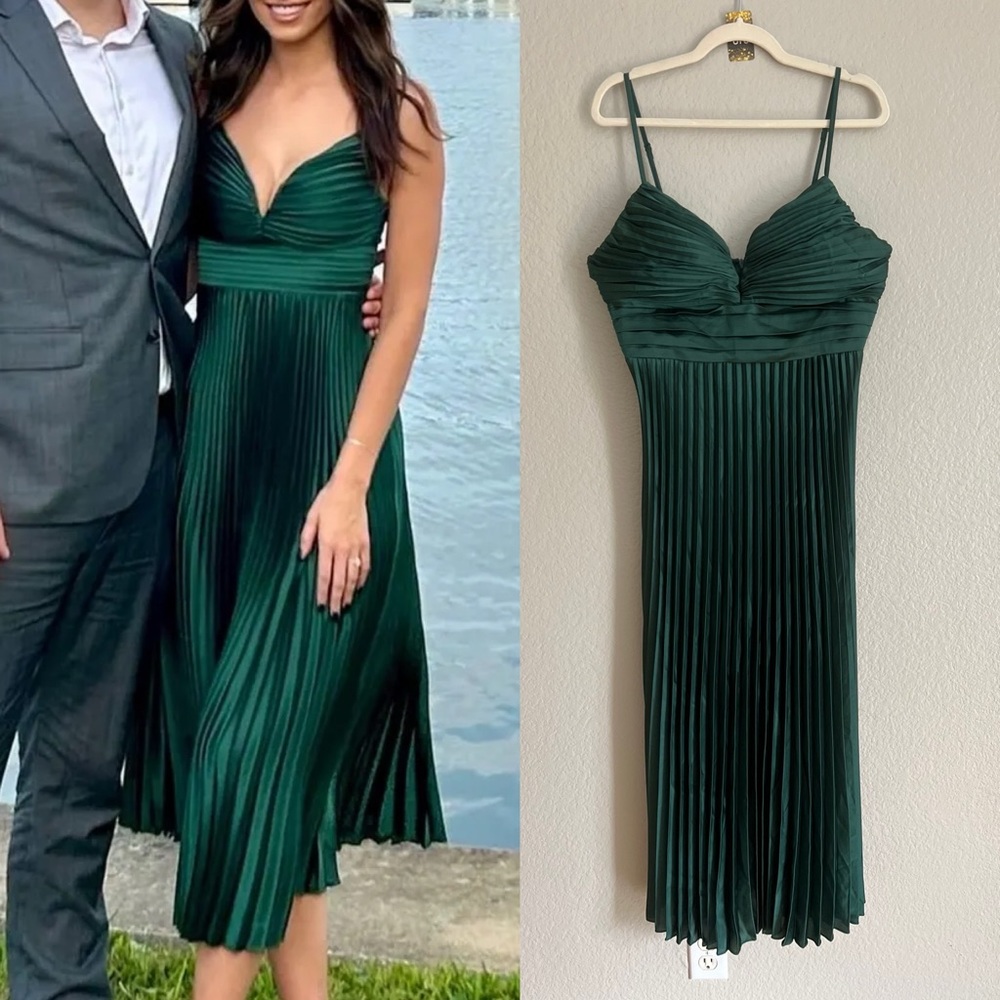 Emerald Green Satin Pleated Midi Dress